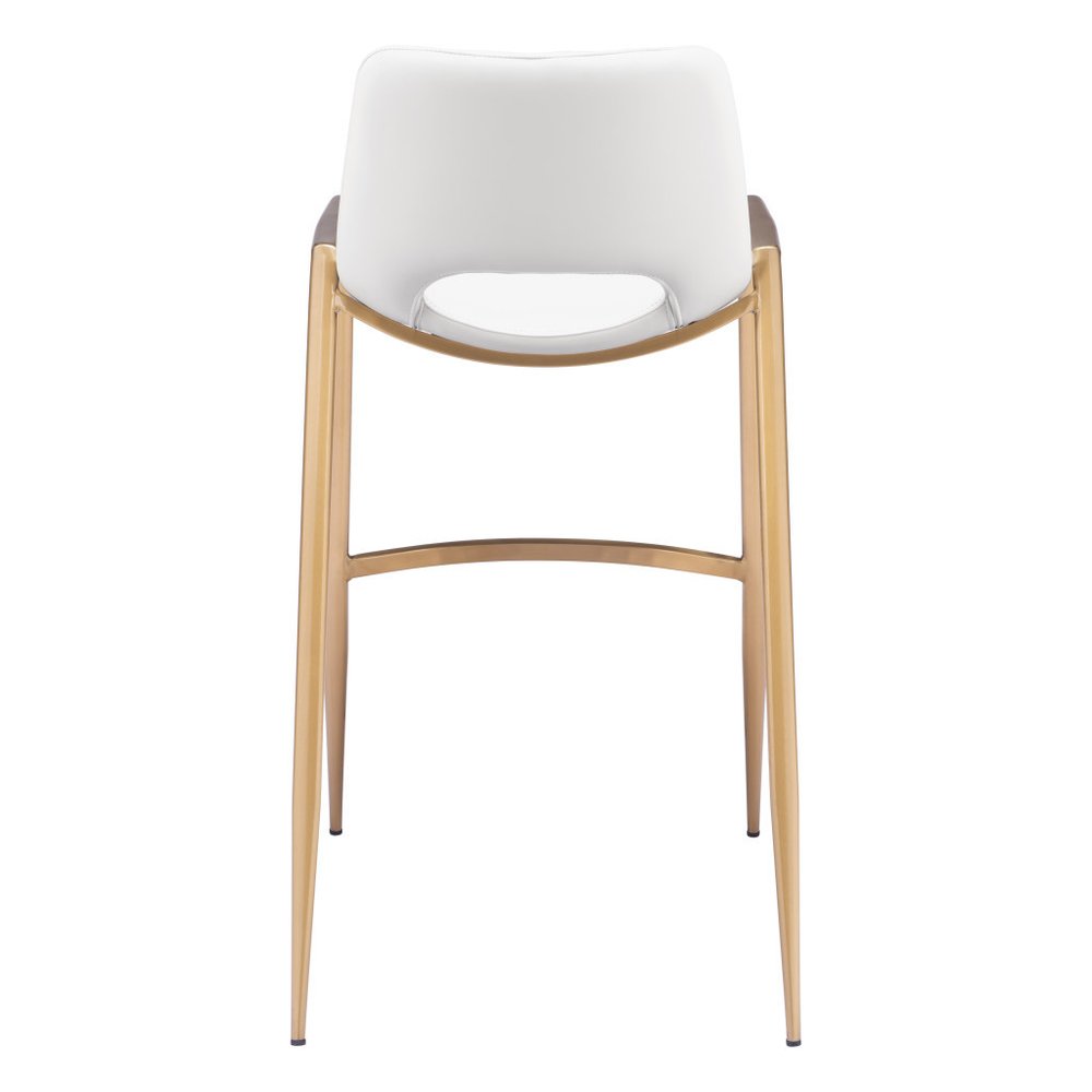 Set of Two 30" White And Gold Faux Leather And Fabric And Steel Bar Height Bar Chairs on a white background