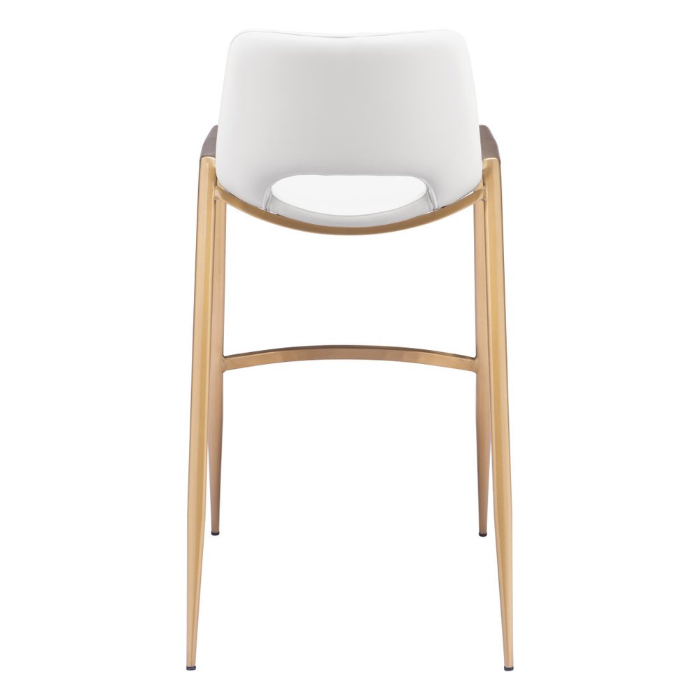 Set of Two 30" White And Gold Faux Leather And Fabric And Steel Bar Height Bar Chairs on a white background