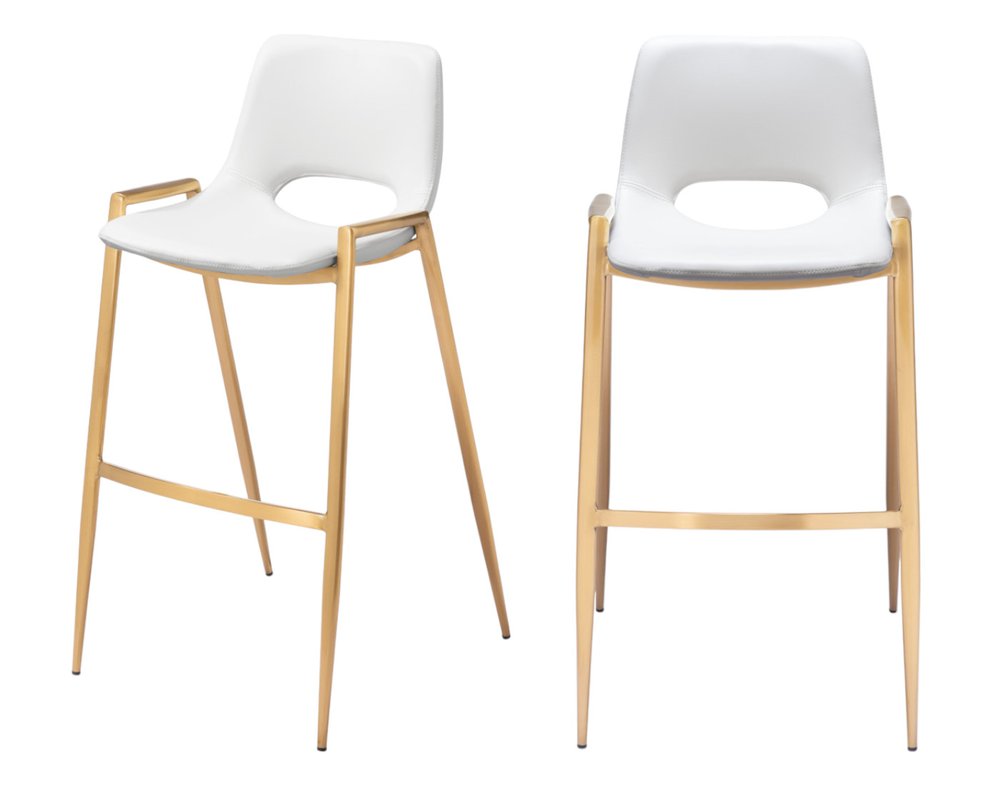 Set of Two 30" White And Gold Faux Leather And Fabric And Steel Bar Height Bar Chairs on a white background
