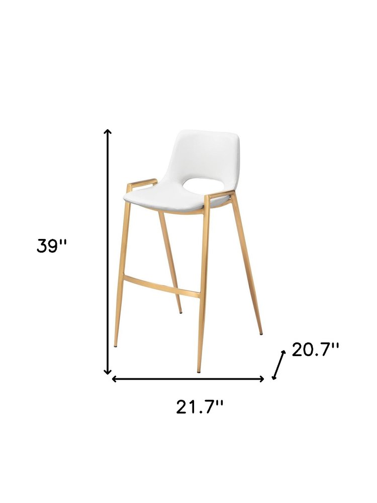 Set of Two 30" White And Gold Faux Leather And Fabric And Steel Bar Height Bar Chairs on a white background