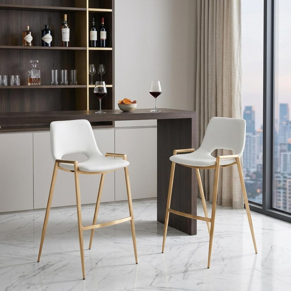 Set of Two 30" White And Gold Faux Leather And Fabric And Steel Bar Height Bar Chairs