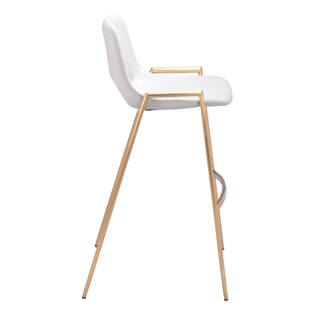 Set of Two 30" White And Gold Faux Leather And Fabric And Steel Bar Height Bar Chairs on a white background
