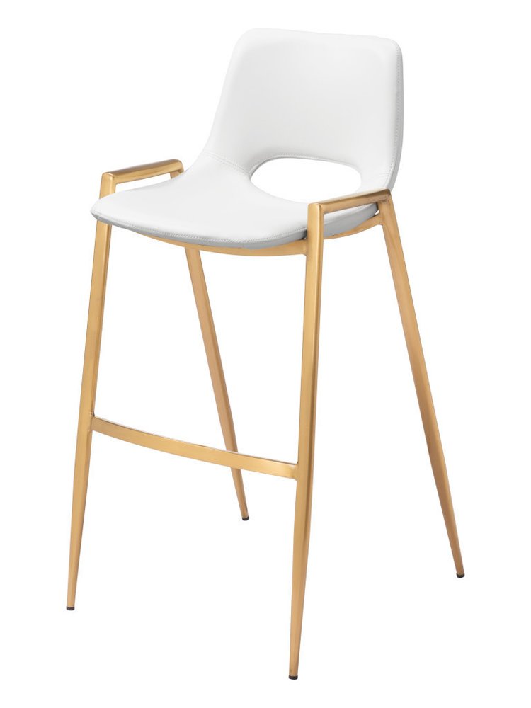 Set of Two 30" White And Gold Faux Leather And Fabric And Steel Bar Height Bar Chairs on a white background