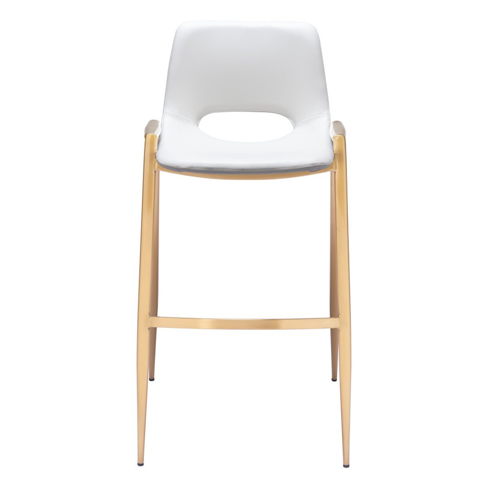 Set of Two 30" White And Gold Faux Leather And Fabric And Steel Bar Height Bar Chairs on a white background