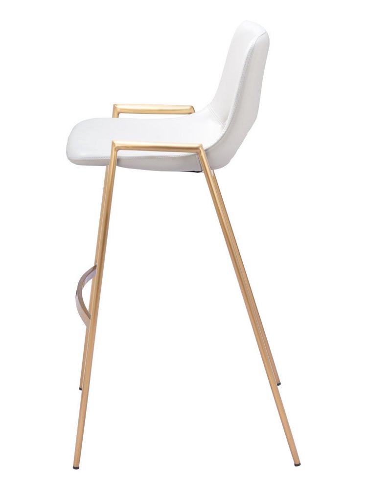 Set of Two 30" White And Gold Faux Leather And Fabric And Steel Bar Height Bar Chairs on a white background