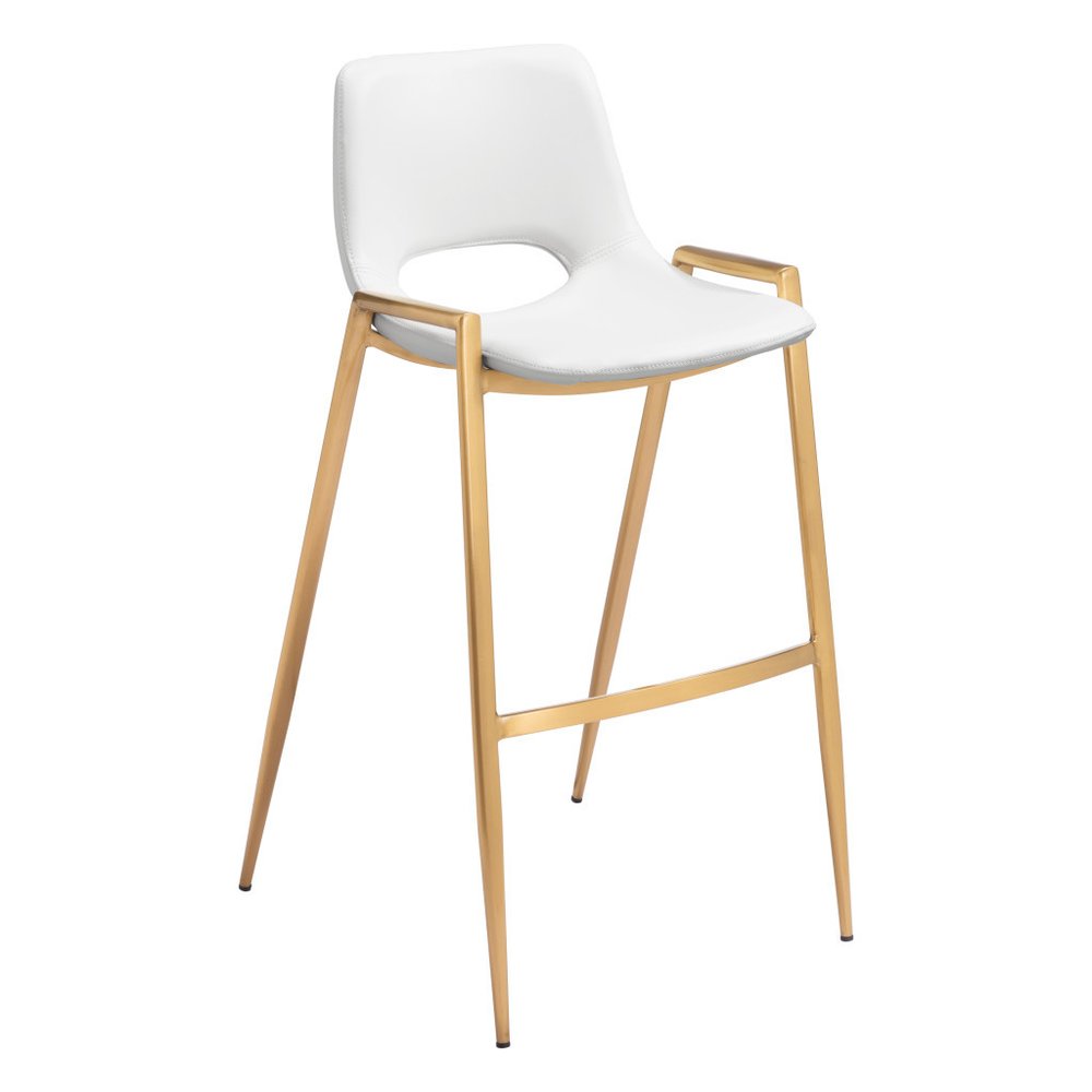 Set of Two 30" White And Gold Faux Leather And Fabric And Steel Bar Height Bar Chairs on a white background