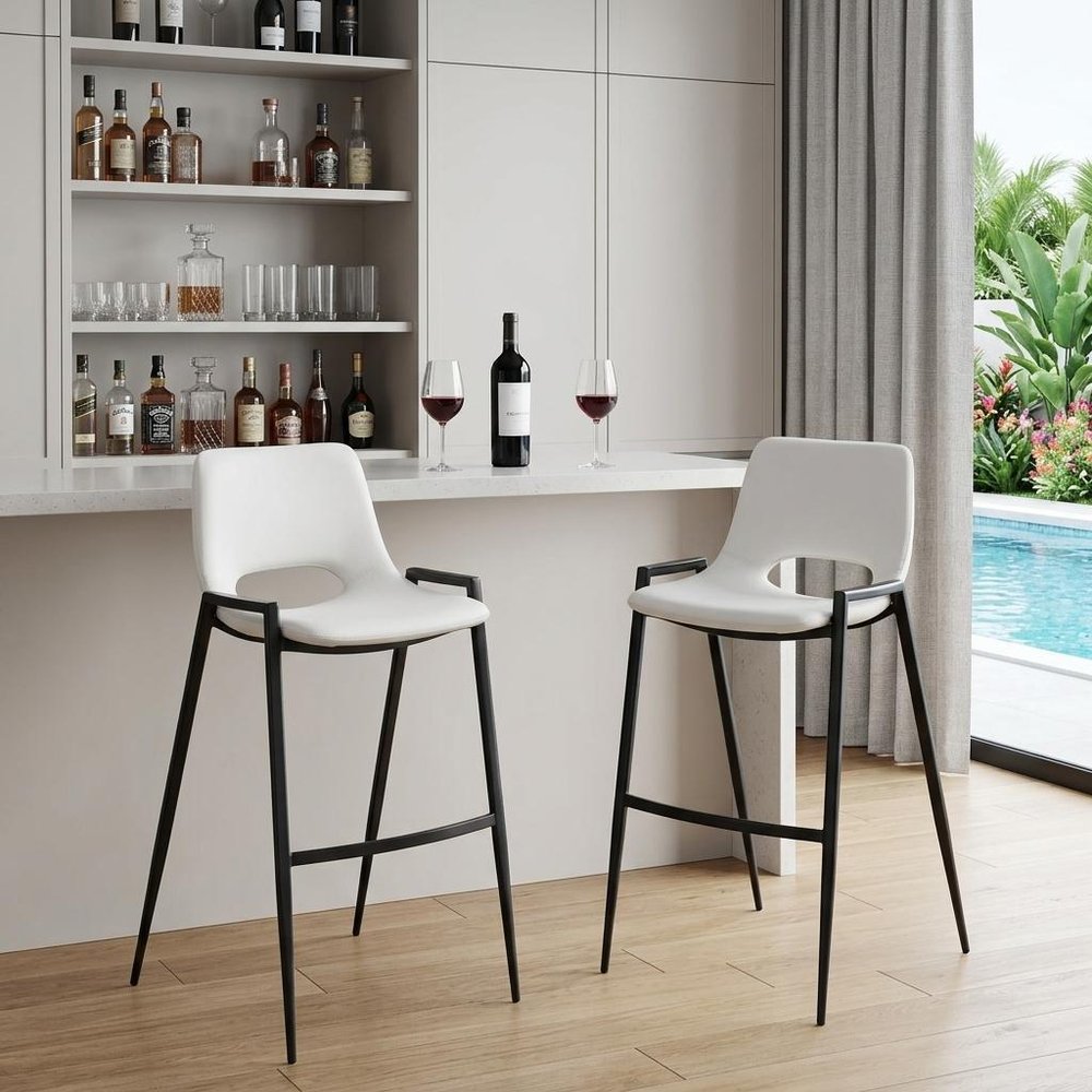 Set of Two 30" White And Black Faux Leather And Fabric And Steel Low Back Bar Height Bar Chairs