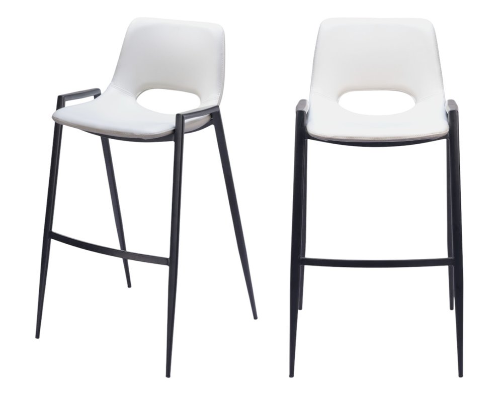 Set of Two 30" White And Black Faux Leather And Fabric And Steel Low Back Bar Height Bar Chairs on a white background