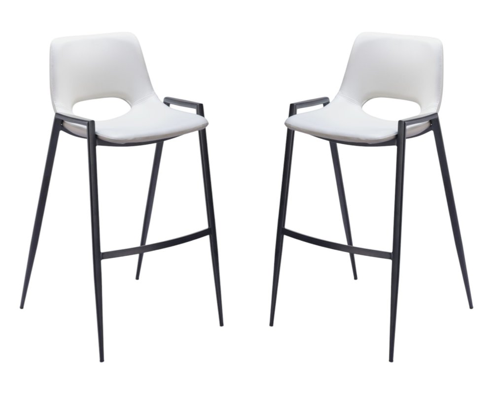 Set of Two 30" White And Black Faux Leather And Fabric And Steel Low Back Bar Height Bar Chairs on a white background