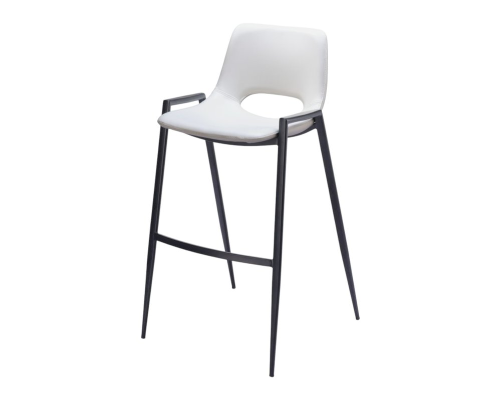 Set of Two 30" White And Black Faux Leather And Fabric And Steel Low Back Bar Height Bar Chairs on a white background