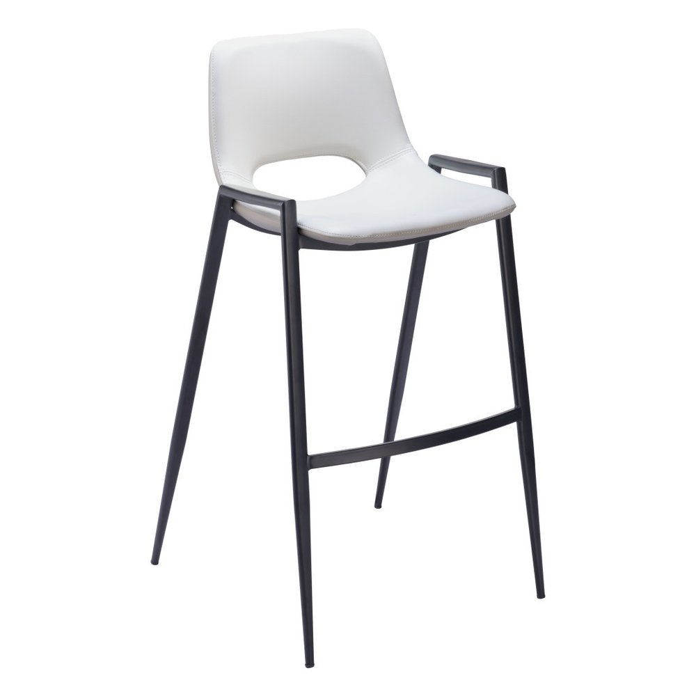 Set of Two 30" White And Black Faux Leather And Fabric And Steel Low Back Bar Height Bar Chairs on a white background