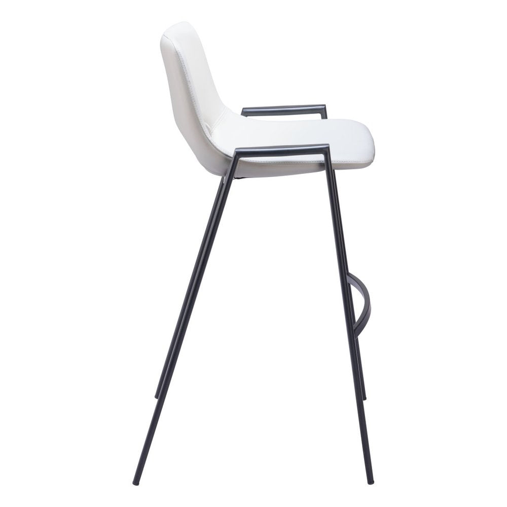 Set of Two 30" White And Black Faux Leather And Fabric And Steel Low Back Bar Height Bar Chairs on a white background