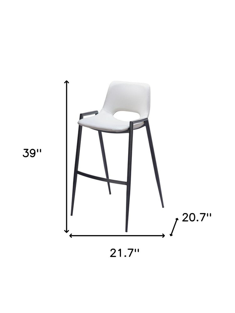 White faux leather and black steel bar stool with dimensions 39" H x 21.7" W x 20.7" D on a white background.
