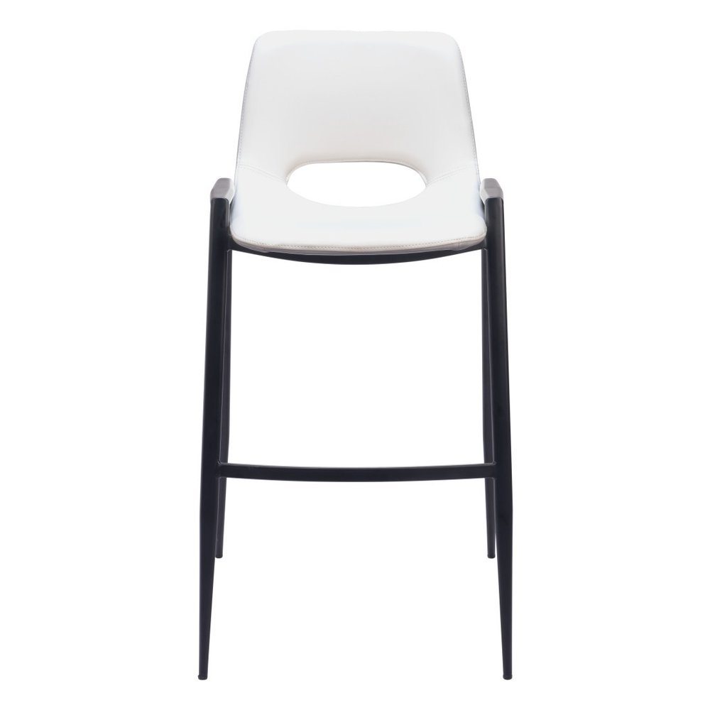 Set of Two 30" White And Black Faux Leather And Fabric And Steel Low Back Bar Height Bar Chairs on a white background