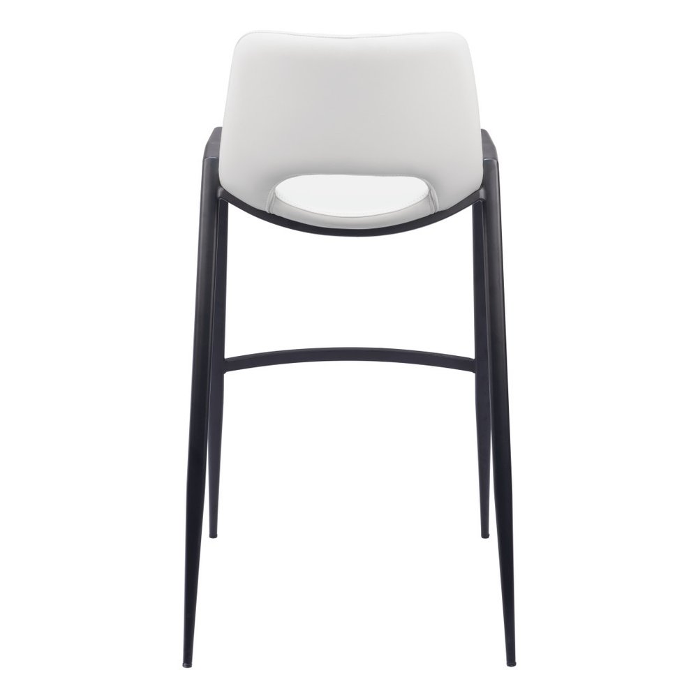 Set of Two 30" White And Black Faux Leather And Fabric And Steel Low Back Bar Height Bar Chairs on a white background
