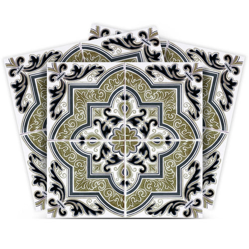 Four 12" x 12" olive green vintage Aegean peel and stick tiles with black and gold ornate patterns on a white background.