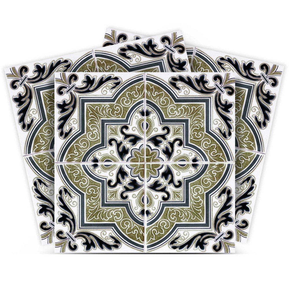 12" x 12" Olive Green Vinyl Arabesque Peel And Stick Removable Tiles. Peel and stick tile isolated on a plain white background.