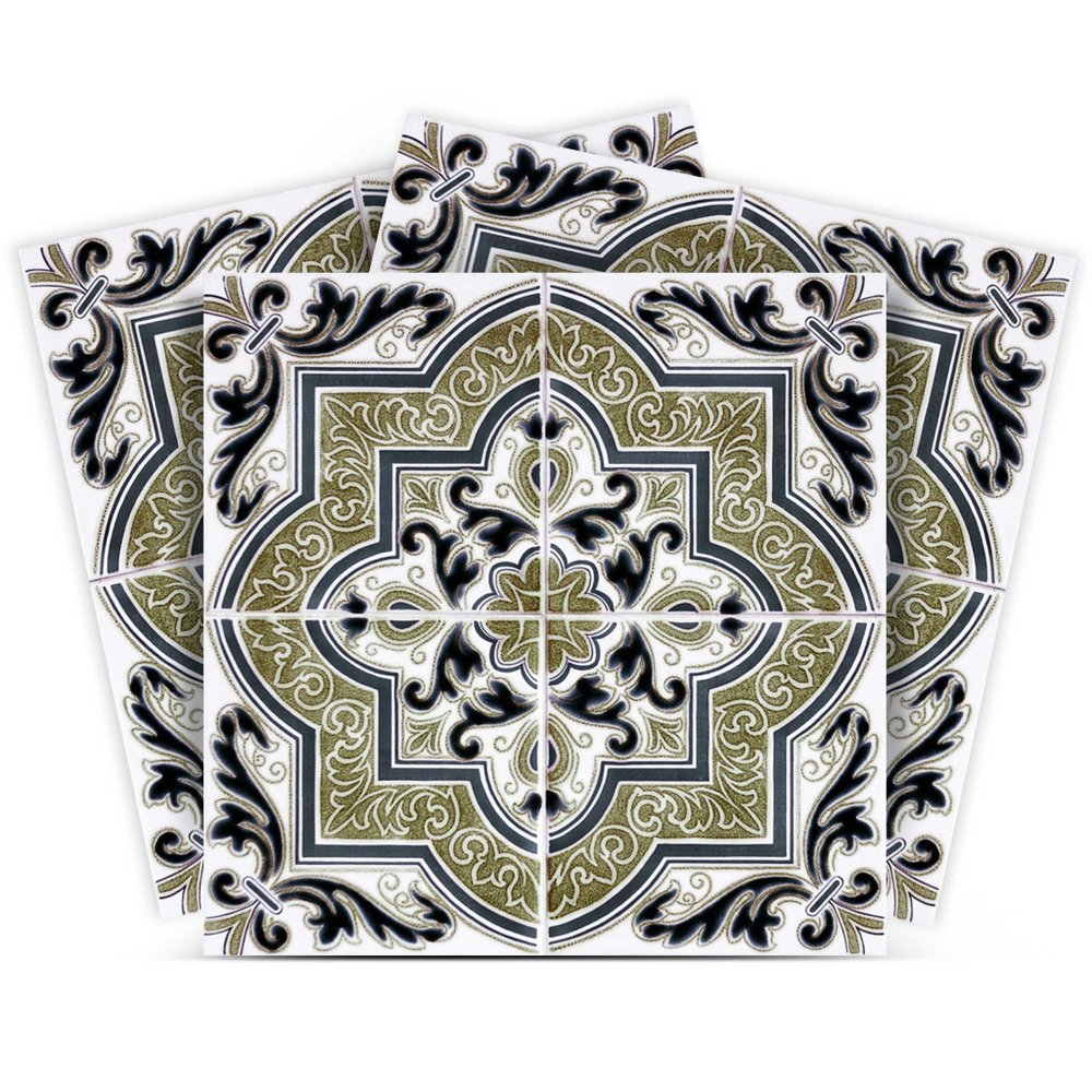 12" x 12" Olive Green Vinyl Arabesque Peel And Stick Removable Tiles. Peel and stick tile isolated on a plain white background.