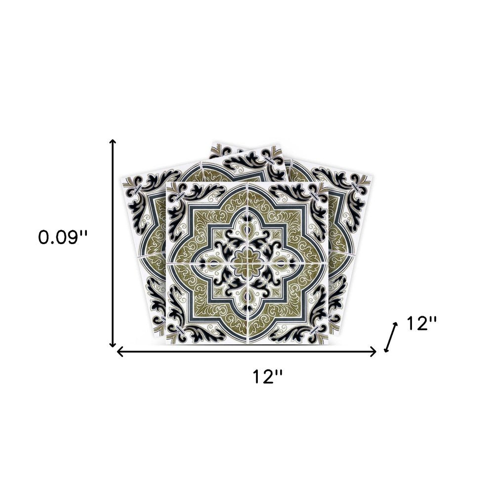 12" x 12" Olive Green Vinyl Arabesque Peel And Stick Removable Tiles. Peel and stick tile isolated on a plain white background.