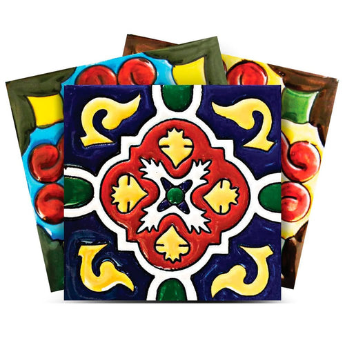 A close-up of four colorful, patterned ceramic tiles arranged in a fan shape against a white background.