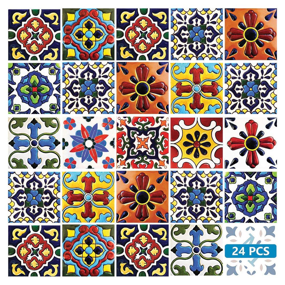 12" x 12" Blue And Red Vinyl Arabesque Peel And Stick Removable Tiles. Peel and stick tile isolated on a plain white background, finished in blue.