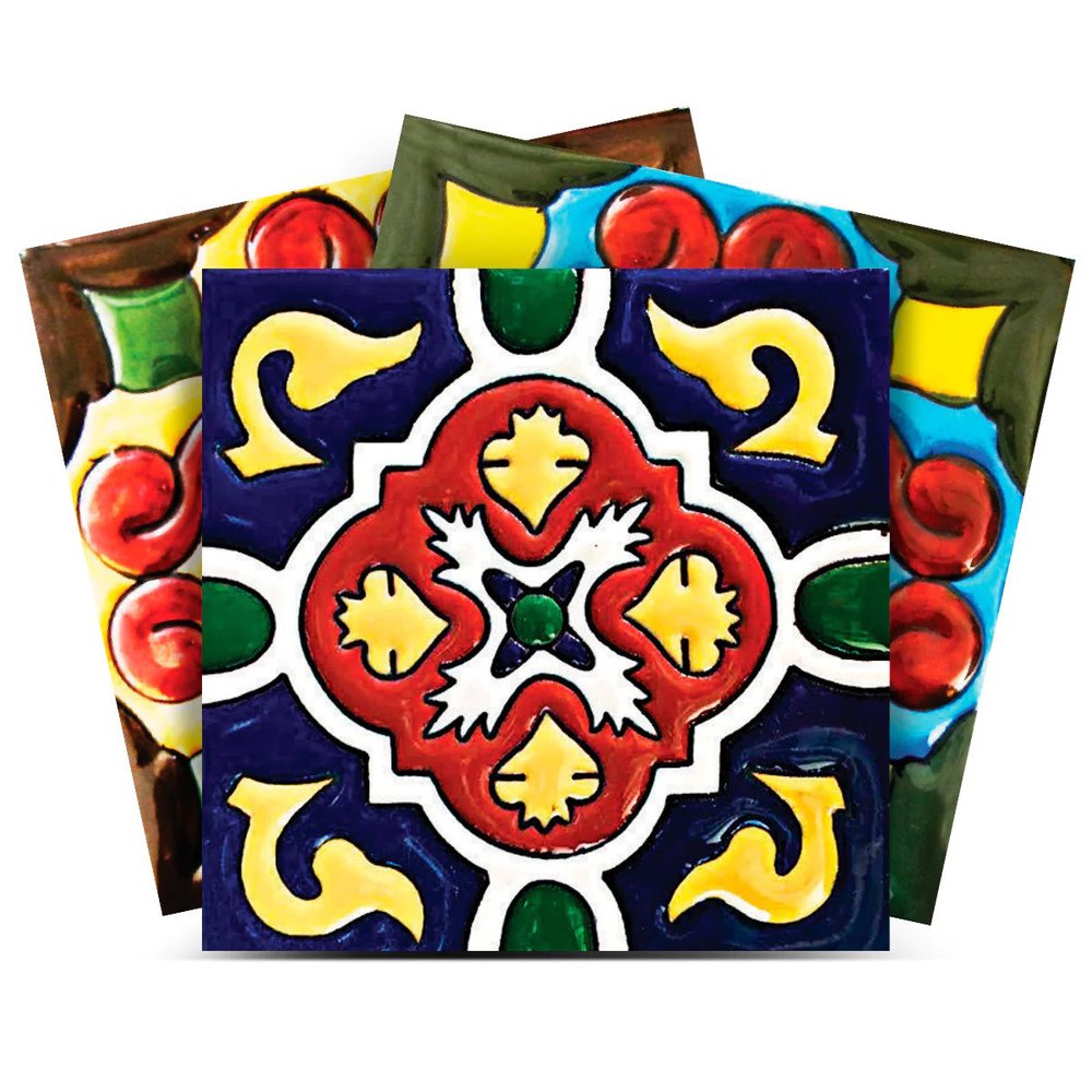 12" x 12" Blue And Red Vinyl Arabesque Peel And Stick Removable Tiles. Peel and stick tile isolated on a plain white background, finished in red.