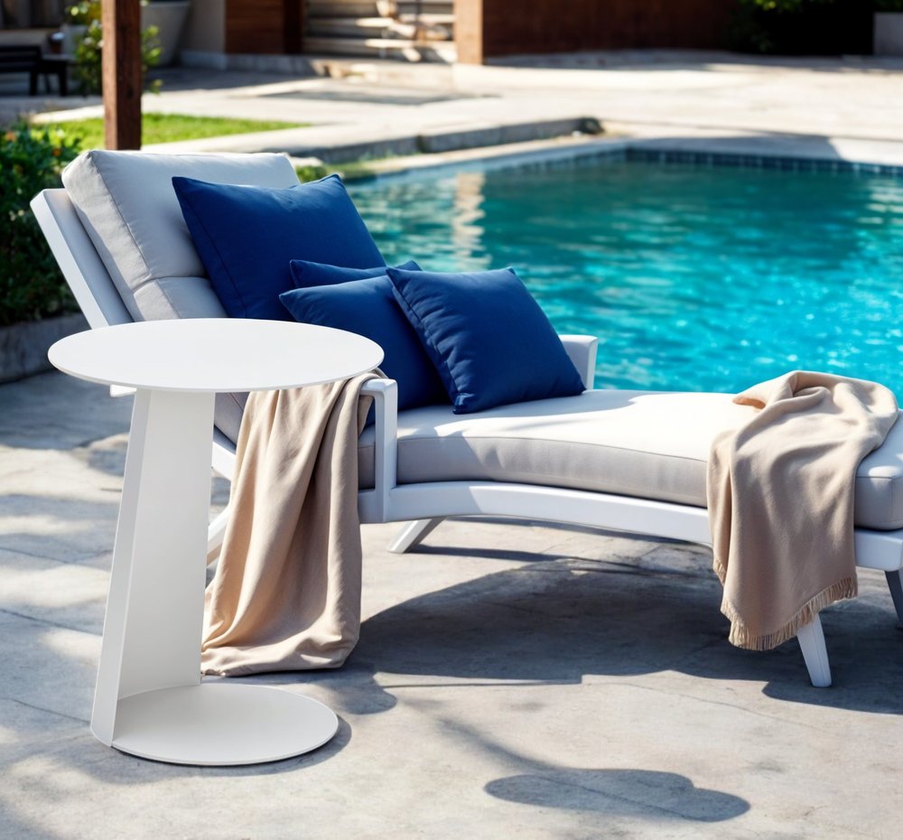 16" White Aluminum Rounded Outdoor Side Table styled in a furnished interior with a black wall on a off-white floor.