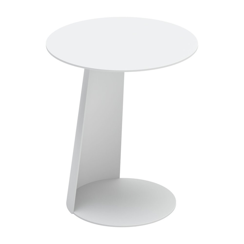 16" White Aluminum Rounded Outdoor Side Table. Outdoor table isolated on a plain white background, showing a white metal surface.