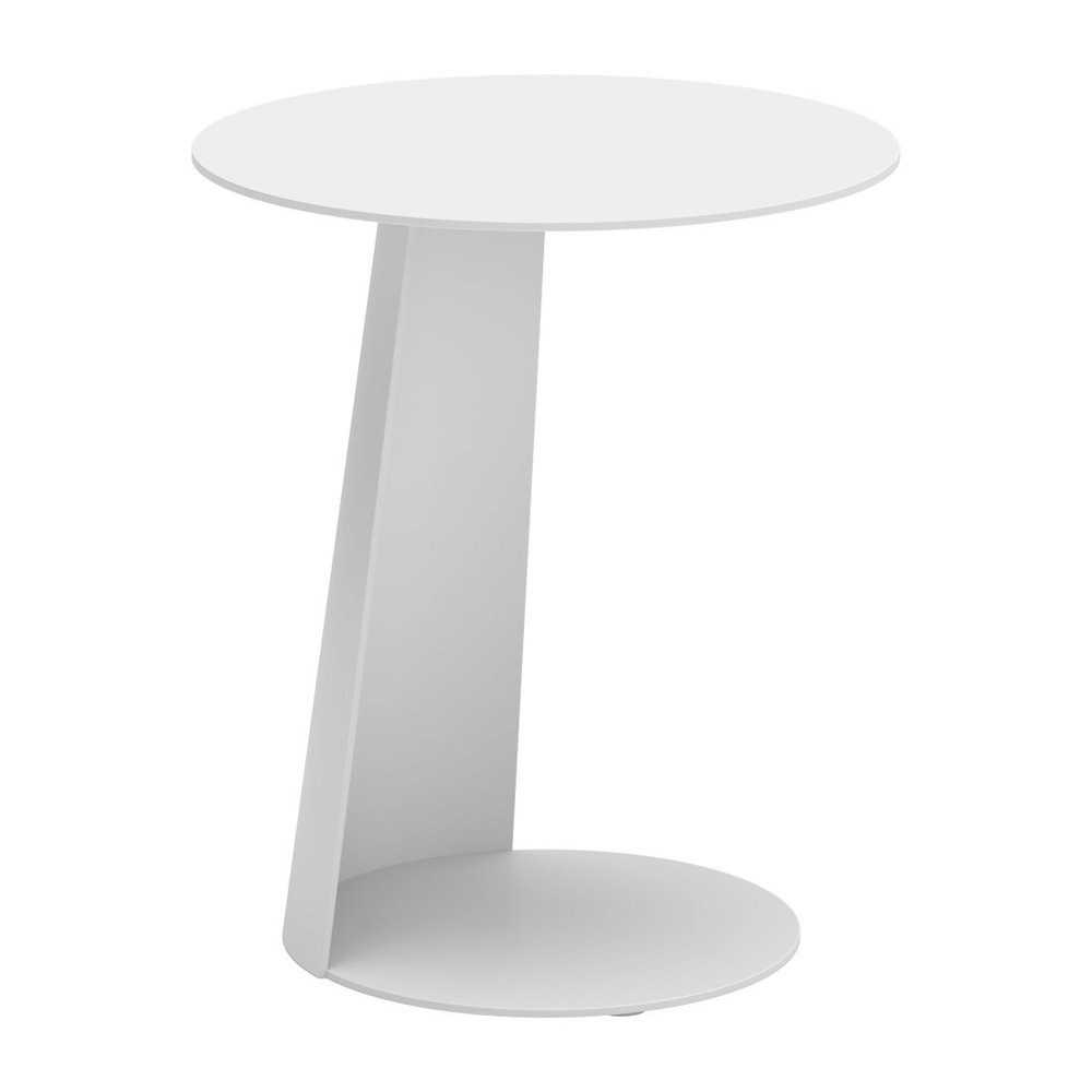 16" White Aluminum Rounded Outdoor Side Table. Outdoor table isolated on a plain white background, showing a white metal surface.
