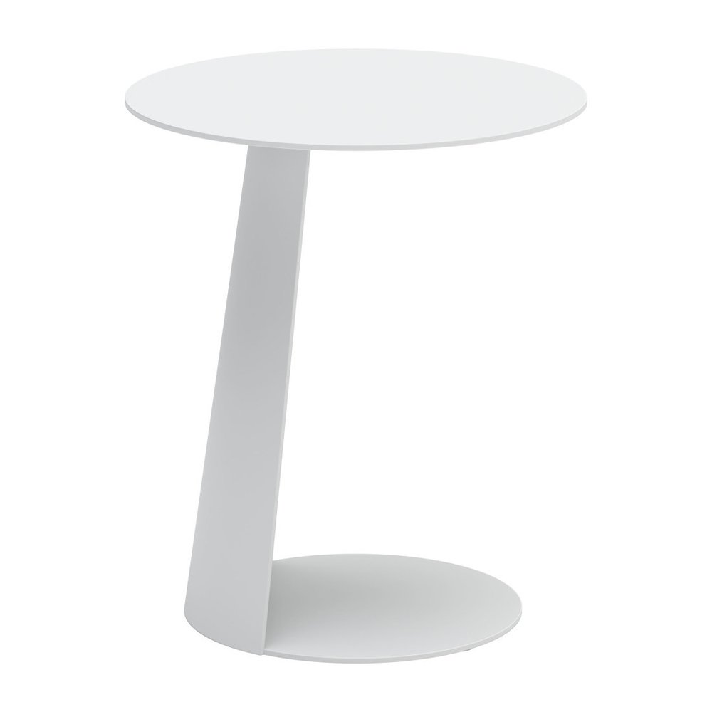 16" White Aluminum Rounded Outdoor Side Table. Outdoor table isolated on a plain white background, in a white metal finish.
