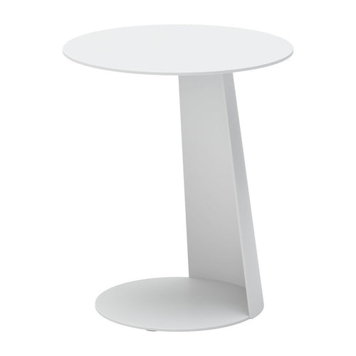 White aluminum rounded outdoor side table with a modern C-shaped base on a white background.