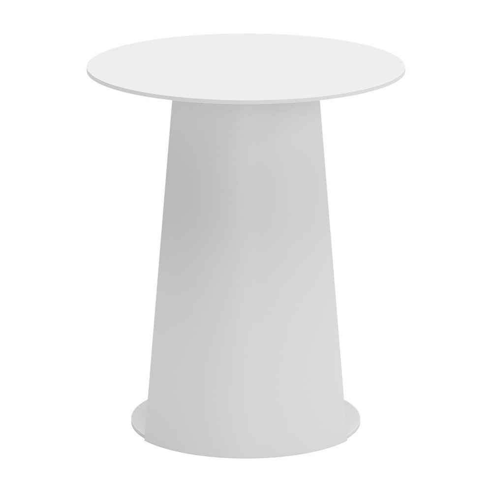 16" White Aluminum Rounded Outdoor Side Table. Outdoor table isolated on a plain white background, finished in white metal.