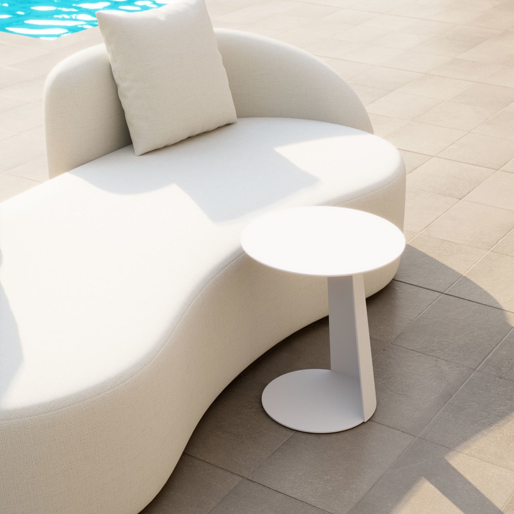 16" White Aluminum Rounded Outdoor Side Table. Outdoor table in white metal.