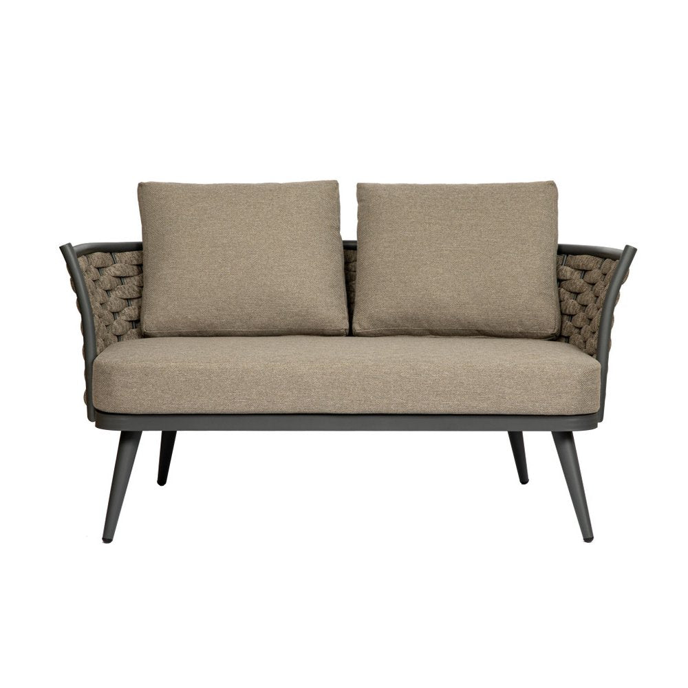 Dark gray aluminum outdoor loveseat with taupe woven sides and taupe cushions on white background.