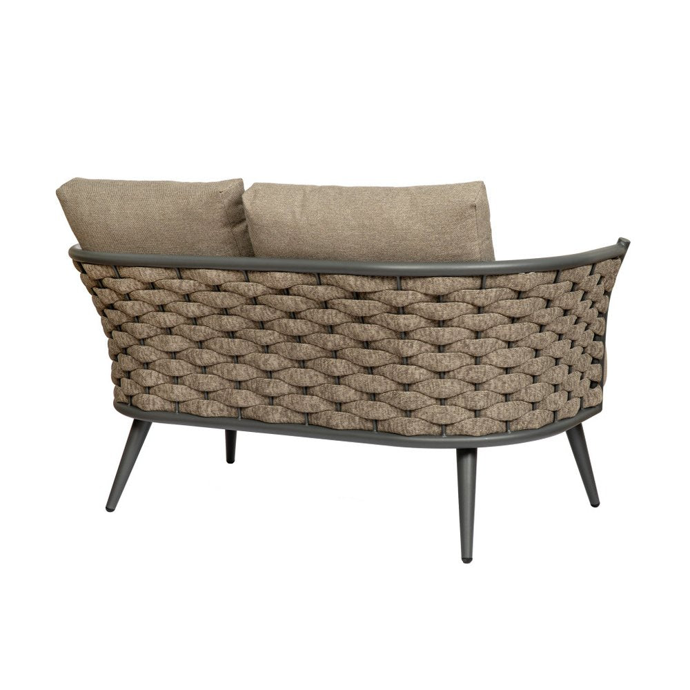 56" Dark Gray Aluminum Outdoor Love Seat with Taupe Cushions. Outdoor love seat isolated on a plain white background, showing a metal surface.