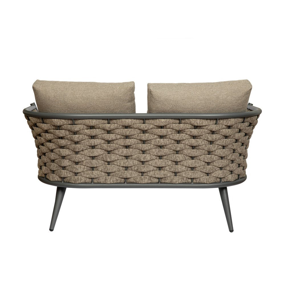 56" Dark Gray Aluminum Outdoor Love Seat with Taupe Cushions. Outdoor love seat isolated on a plain white background, showing a metal surface.