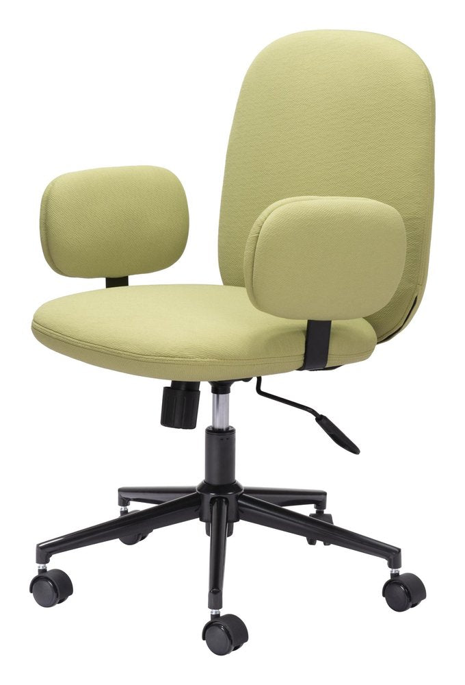Green and black adjustable height swivel rolling office chair with fabric upholstery on a white background.