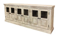 93" Antiqued White Distressed Solid Wood Sideboard with Six Glass Doors on a white background