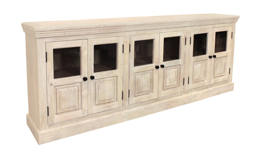 93" Antiqued White Distressed Solid Wood Sideboard with Six Glass Doors on a white background