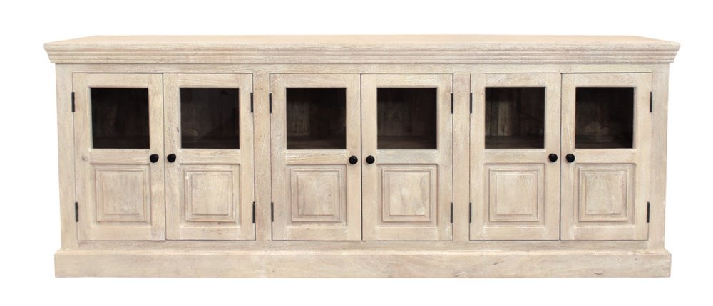 93" Antiqued White Distressed Solid Wood Sideboard with Six Glass Doors on a white background