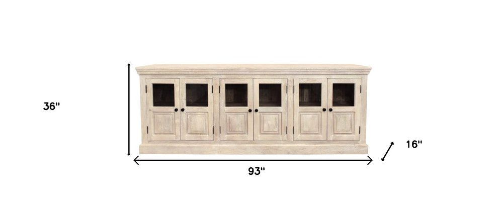 93" Antiqued White Distressed Solid Wood Sideboard with Six Glass Doors on a white background