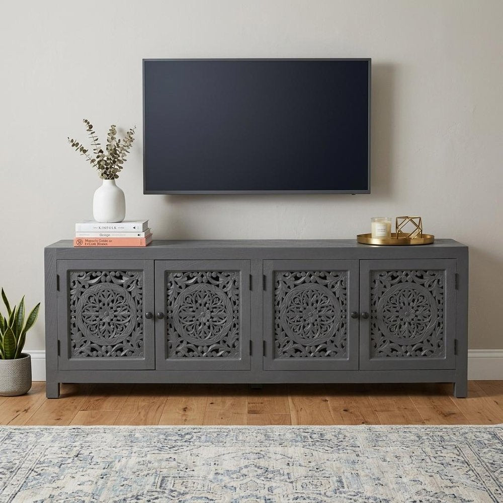 86" Dark Gray Carved Floral Distressed Solid Wood Enclosed Storage TV Stand on a white background