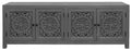 86" Dark Gray Carved Floral Distressed Solid Wood Enclosed Storage TV Stand on a white background