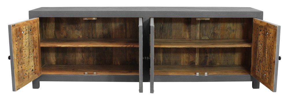 86" Dark Gray Carved Floral Distressed Solid Wood Enclosed Storage TV Stand on a white background