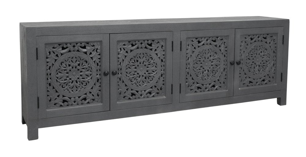 86" Dark Gray Carved Floral Distressed Solid Wood Enclosed Storage TV Stand on a white background