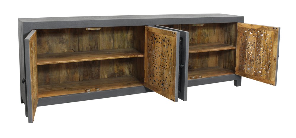 86" Dark Gray Carved Floral Distressed Solid Wood Enclosed Storage TV Stand on a white background