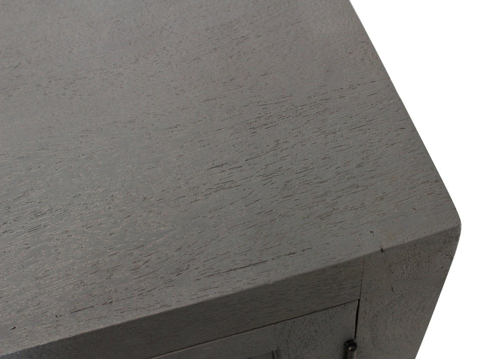 86" Dark Gray Carved Floral Distressed Solid Wood Enclosed Storage TV Stand close-up detail