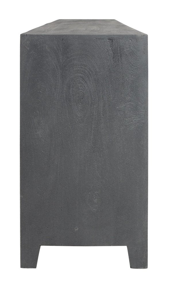 86" Dark Gray Carved Floral Distressed Solid Wood Enclosed Storage TV Stand on a white background