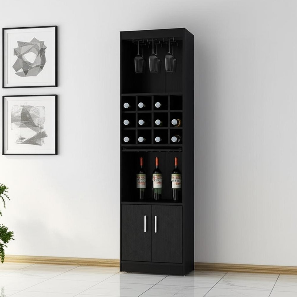 71" Black Wood Bar Cabinet With Two Doors on a white background