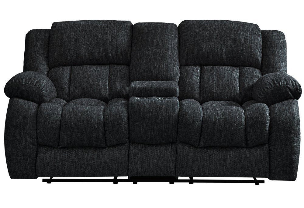 77" Black Manual Reclining Loveseat With Storage on a white background
